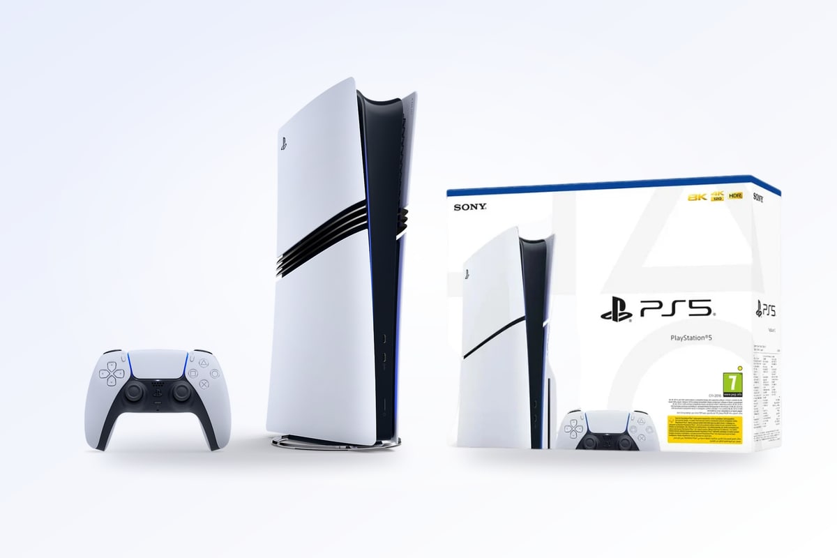 PS5 Pro with a DualSense controller next to a PS5 Slim
